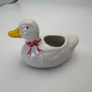Charming White Duck Planter with Red Bow